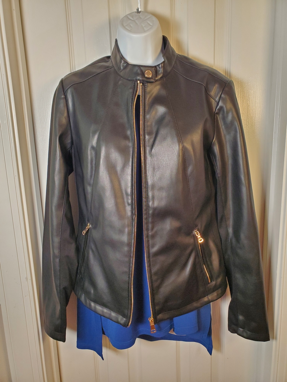 Calvin Klein Black Faux Leather Moto Jacket Leopard Print Lined M